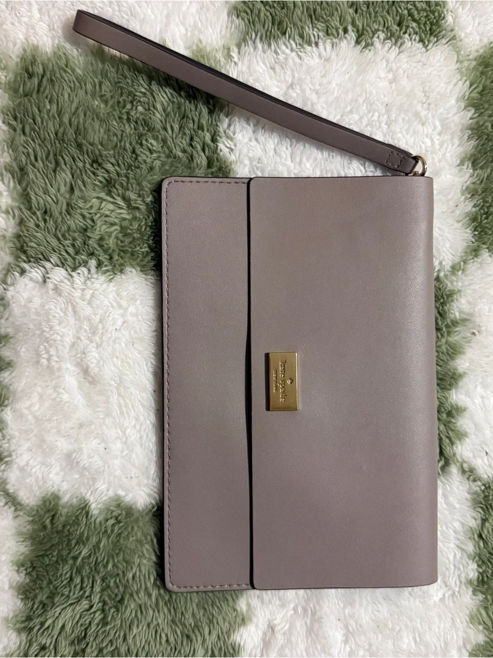 kate spade taupe leather wristlet clutch with gold plate